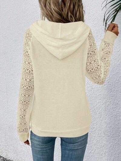 Waffle-Knit Lace Kangaroo Pocket Hoodie