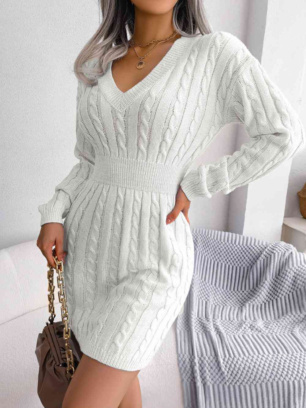 Cable-Knit V-Neck Mini Sweater Dress