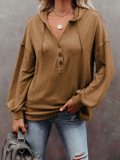 Buttoned Drop Shoulder Hoodie