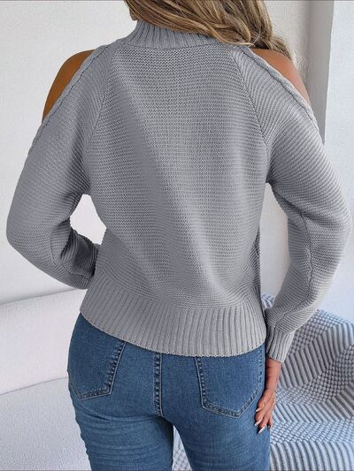 Cable-Knit Turtleneck Cold Shoulder Sweater