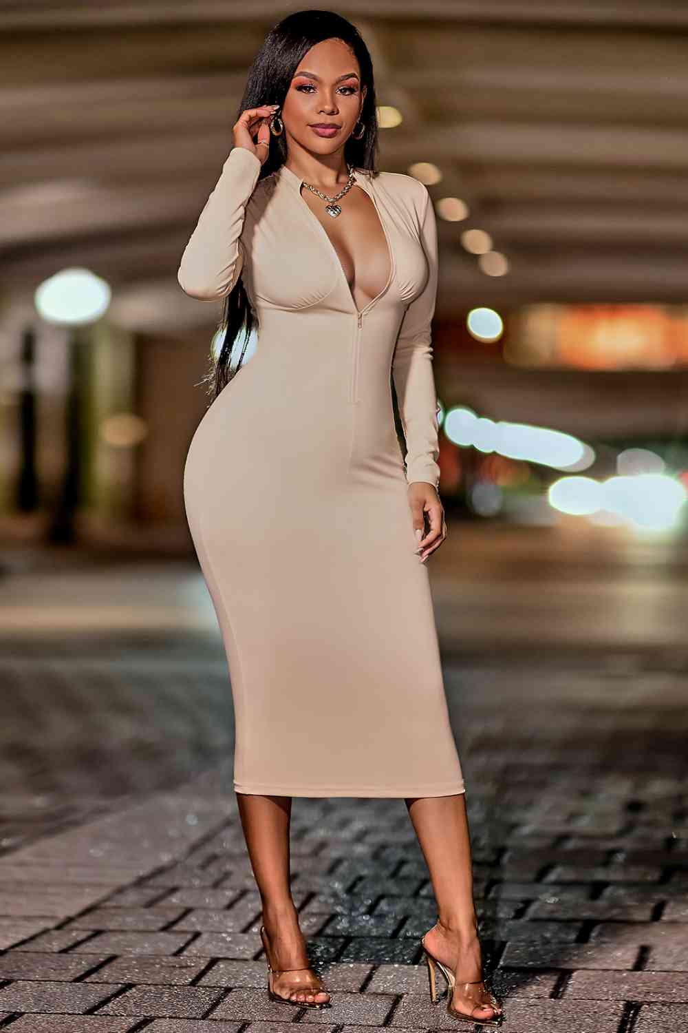 Zip Up Cutout Drawstring Detail Dress