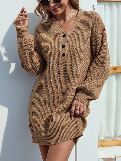 V-Neck Dropped Shoulder Mini Sweater Dress