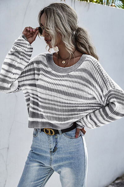 Striped Round Neck Dropped Shoulder Sweater