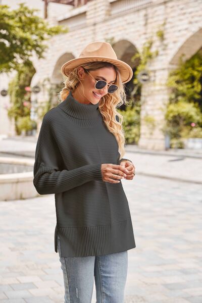 Ribbed Turtleneck Long Sleeve Slit Sweater