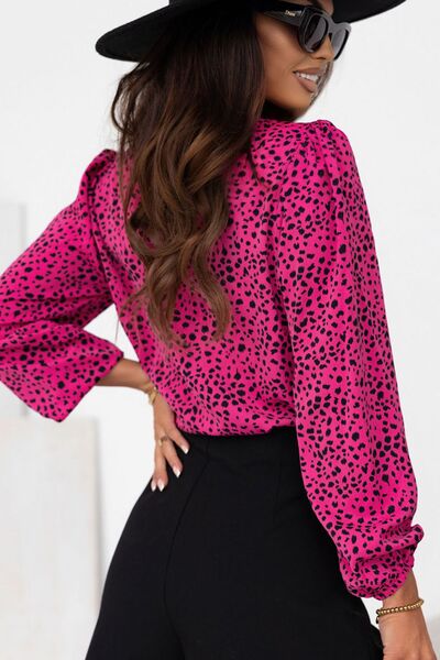 Leopard Round Neck Balloon Sleeve Blouse