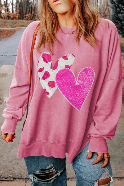 Plus Size Heart Sequin Round Neck Sweatshirt