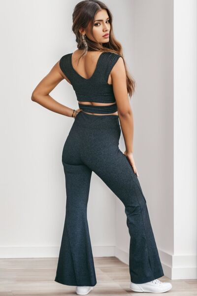 Ruched Cutout Tank and Slit Pants Set