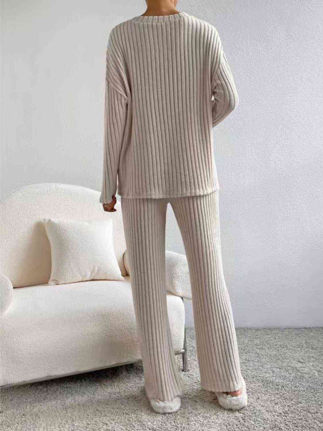 Ribbed V-Neck Long Sleeve Top and Pants Set